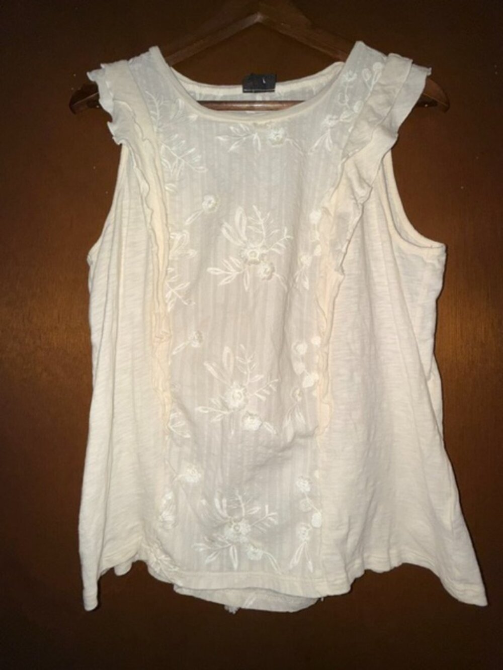 Torrid Cotton Slub Woven Embroidered Crew Neck Ruffle Sleeve Top